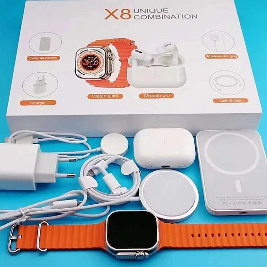 Комплект Smartwatch X8,Безжични Слушалки, Магнитна Батерия, Безжично Зарядно за Телефон и Часовник, Зарядно с Кабел за Телефон | Смарт часовници и гривни