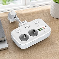 Разклонител LDNIO SE2435, 2 гнезда, CEE 7/3, 2500W, 1 x Type-C F, 3 x USB F, PD, QC, Бял - 40296