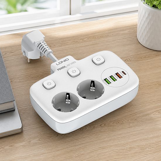 Разклонител LDNIO SE2435, 2 гнезда, CEE 7/3, 2500W, 1 x Type-C F, 3 x USB F, PD, QC, Бял - 40296 | Смарт устройства