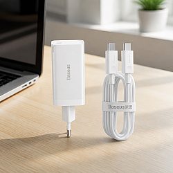 Мрежово зарядно устройство Baseus GaN5 Pro Fast, 65W, С PD кабел, Бял - 40410