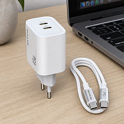 Мрежово зарядно устройство DeTech DE-PD, 45W, GaN, С Type-C кабел, 2 x Type-C F, Бял - 40341