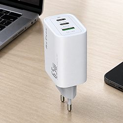 Мрежово зарядно устройство DeTech DE-PD, 65W, GaN, 2 x Type-C F, 1 x USB F, Бял - 40342