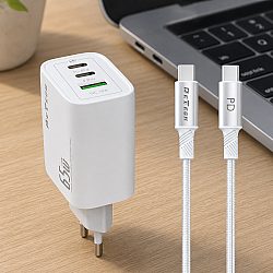 Мрежово зарядно устройство DeTech DE-PD, 65W, GaN, С Type-C - Type-C кабел, 2 x Type-C F, 1 x USB F, Бял - 40343