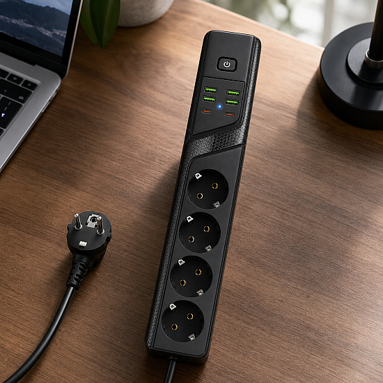 Универсален разклонител с 3 гнезда,4.2А, 4 USB порта и 2 Type-C портала, 3000W, Power Socket BKL-19 - Изключително мощен и удобен разклонител за всич | Тв Бокс и Аксесоари