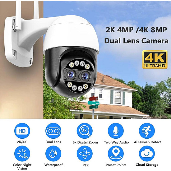 Външна Wi-Fi камера 8MP с двойна леща,Авто Zoom, Автоматично Проследяване, Разпознаване на човешка форма Външна Wi-Fi камера 8MP с двойна леща,Авто Zoom, Автоматично Проследяване, Разпознаване на човешка форма | Видеонаблюдение