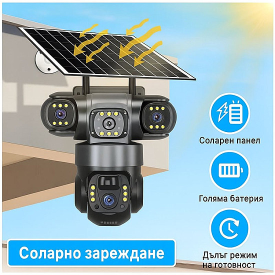 Соларна камера за външно наблюдение,6MP Full HD, троен обектив, нощно виждане, двупосочна аудио комуникация, IP66 | Видеонаблюдение
