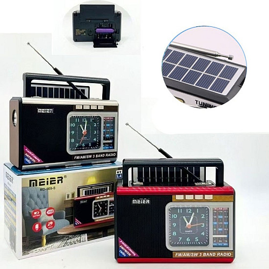 Радио Meier MD-909-Solar,ретро дизайн, AM/FM/SW, Bluetooth 5.0, USB/TF MP3, соларно и USB зареждане, 25W стерео | Безжични колони