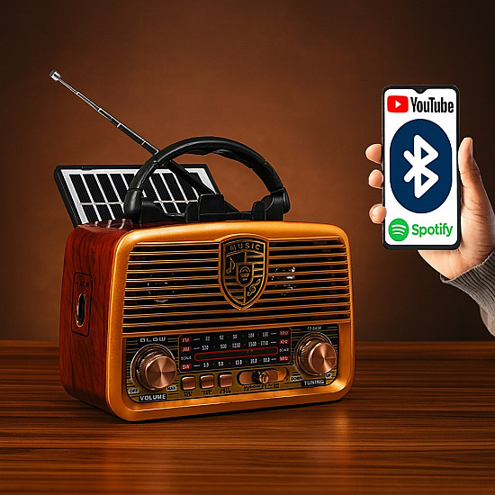 Ретро радио Golon-RX с Bluetooth, AM/FM, USB, соларен панел и Powerbank функция | Безжични колони