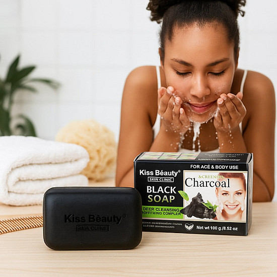 Сапун за лице и тяло с активен въглен и зелен чай Kiss Beauty Black Soap | Козметика