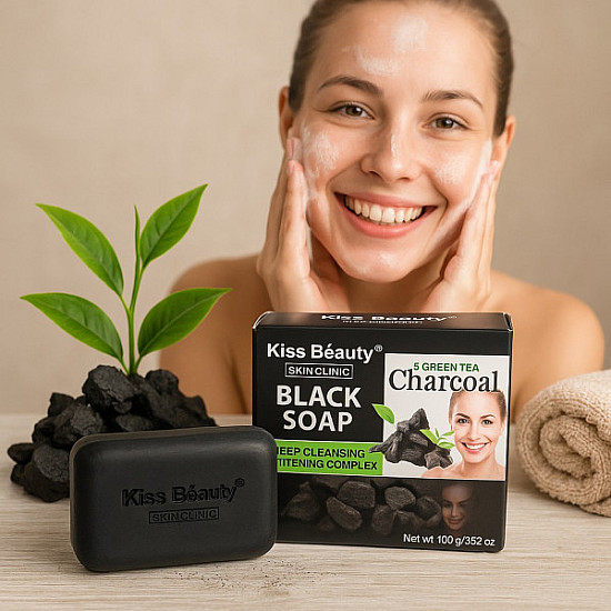Сапун за лице и тяло с активен въглен и зелен чай Kiss Beauty Black Soap | Козметика
