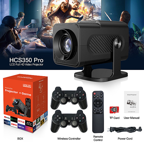 Проектор HCS350 Pro Ретро с конзола за видеоигри, два джойстика и Android 12.0 TV OS | Видео игри