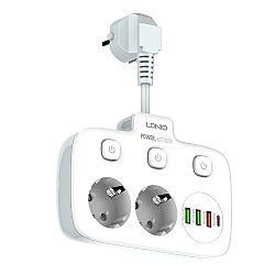 Разклонител LDNIO SE2435, 2 гнезда, CEE 7/3, 2500W, 1 x Type-C F, 3 x USB F, PD, QC, Бял - 40296