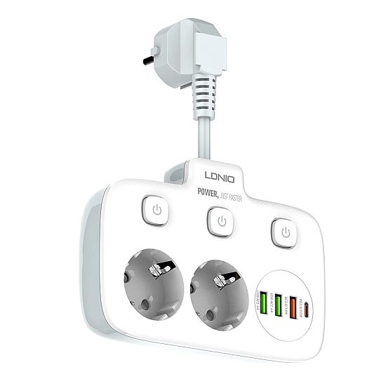 Разклонител LDNIO SE2435, 2 гнезда, CEE 7/3, 2500W, 1 x Type-C F, 3 x USB F, PD, QC, Бял - 40296 | Смарт устройства