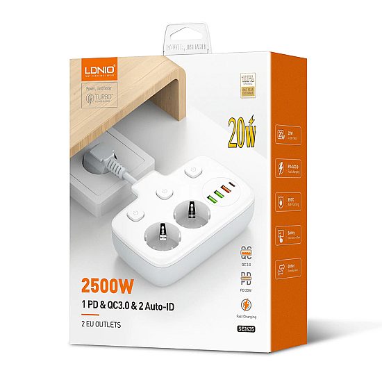 Разклонител LDNIO SE2435, 2 гнезда, CEE 7/3, 2500W, 1 x Type-C F, 3 x USB F, PD, QC, Бял - 40296 | Смарт устройства