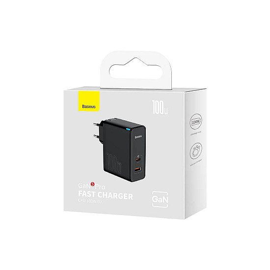 Мрежово зарядно устройство Baseus GaN5 Pro Fast, 100W, С PD кабел, Черен - 40411 | Зарядни за лаптоп