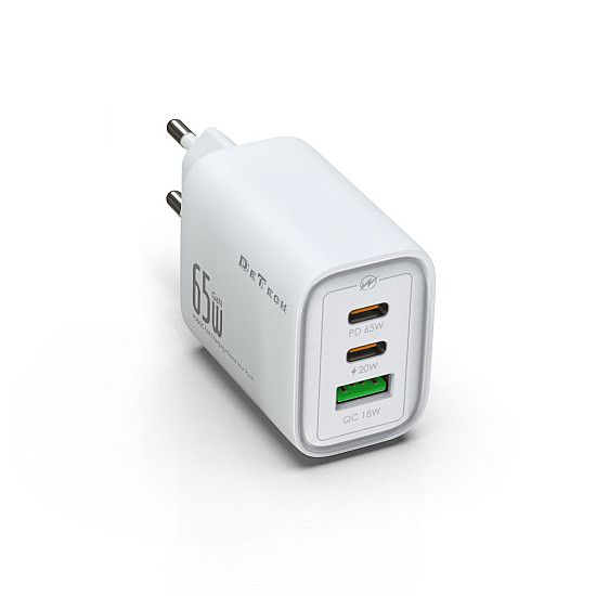Мрежово зарядно устройство DeTech DE-PD, 65W, GaN, 2 x Type-C F, 1 x USB F, Бял - 40342 | Зарядни за лаптоп