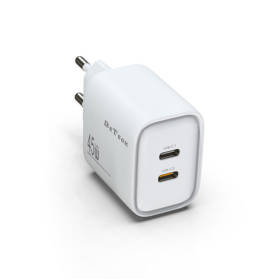 Мрежово зарядно устройство DeTech DE-PD, 65W, GaN, С Type-C - Type-C кабел, 2 x Type-C F, 1 x USB F, Бял - 40343 | Зарядни за лаптоп