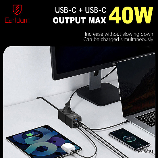 Удължител Earldom ES-SC21, 1 гнездо, CEE 7/3, 2 х USB F, 2 x USB-C, 1м., Черен - 40521 | Смарт устройства