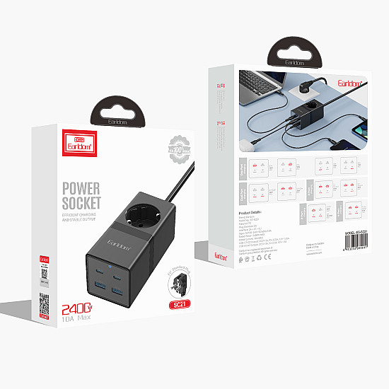 Удължител Earldom ES-SC21, 1 гнездо, CEE 7/3, 2 х USB F, 2 x USB-C, 1м., Черен - 40521 | Смарт устройства
