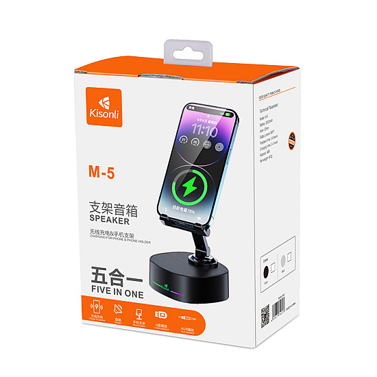 Тонколона със стойка за телефон Kisonli M5, Bluetooth, Безжично зареждане, FM, AUX, RGB | Безжични колони