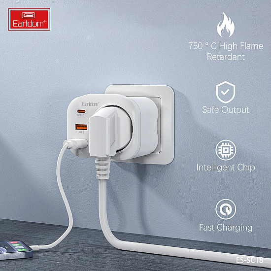 Универсален преходник-зарядно Earldom ES-SC18, 2xUSB, 1xType-C, Шуко | Смарт устройства