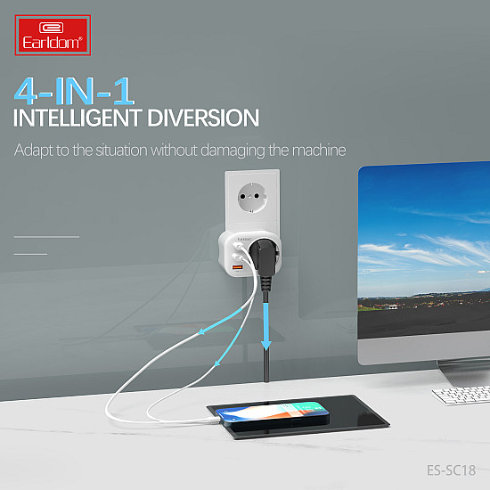 Универсален преходник-зарядно Earldom ES-SC18, 2xUSB, 1xType-C, Шуко | Смарт устройства