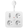 Удължител No brand, 3 гнезда, 250V, 10A, Кабел, 1.8м., 2 x USB-F, 2 x USB-C, С ключ, Бял - 17964 | Смарт устройства