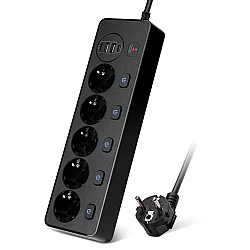 Удължител No brand, 5 гнезда, 250V, 10A, Кабел, 1.8м., 2 x USB-F, 2 x USB-C, С ключ, Бял - 17966