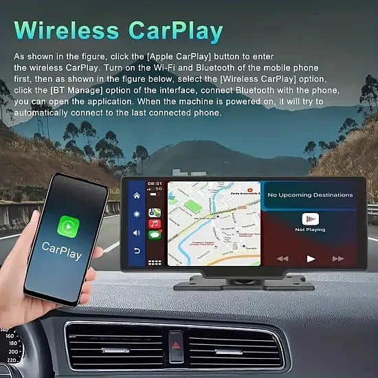 Преносима Мултимедия за Автомобил с 10-инчов IPS Сензорен Екран – Безжичен Apple Carplay, Android Auto, Bluetooth 5.0, Mirror Link, GPS | Принадлежности